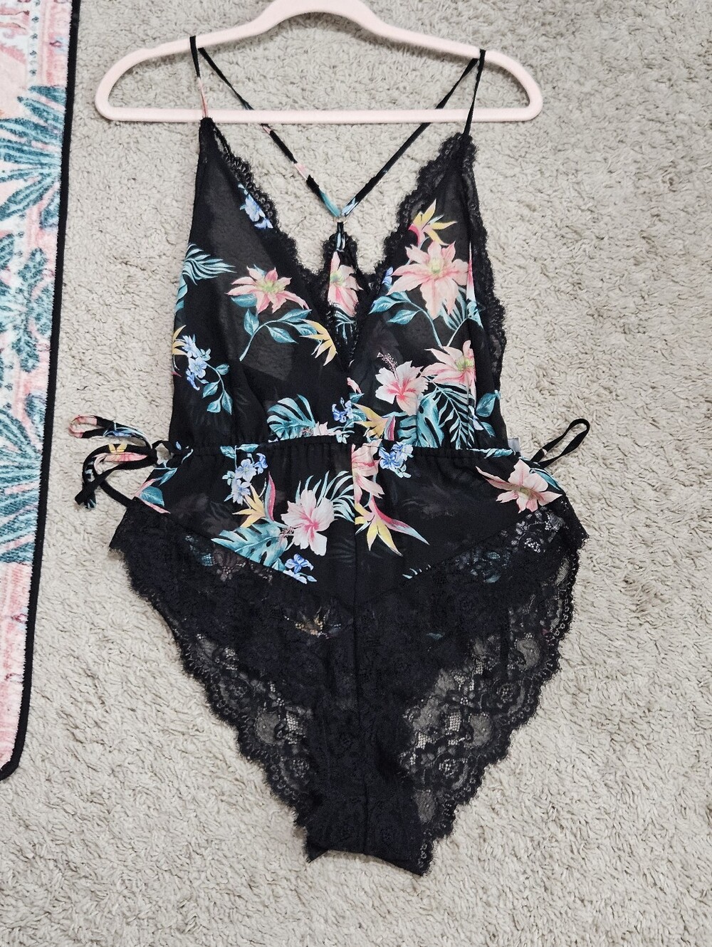 Floral Lace Trim Black Cami Bodysuit Teddy
